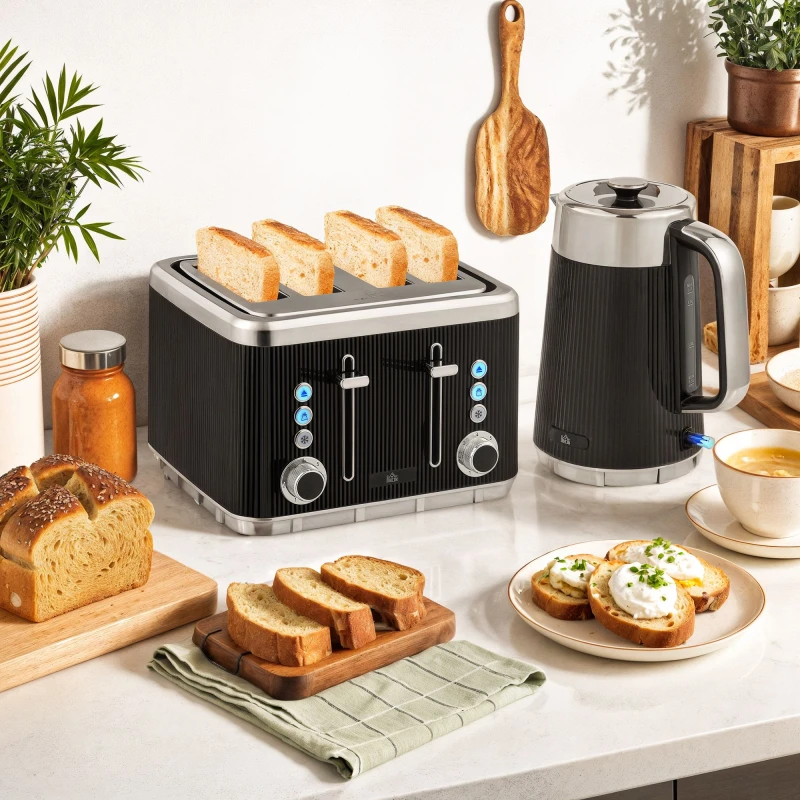 Image of HOMCOM HOMCOM Rapid Boil Kettle and 4 Slice Toaster Set w/Strix Thermostat, 1.7L 3000W in Black One Size Unisex 5063603808898