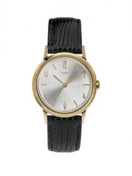 Image of Timex Timex Marlin Handwind Silver Sunray And Gold Detail Dial Black Leather Strap Watch
