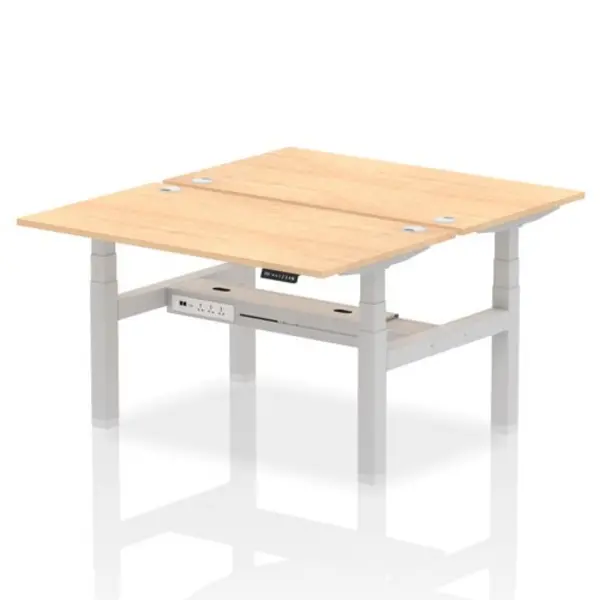 Image of Air Air Back-to-Back 1400 x 800mm Height Adjustable 2 Person Bench Desk Maple Top with Cable Ports Silver Frame HASCP2P14800MPES