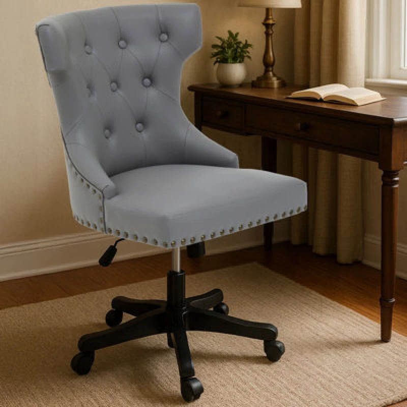 Image of Orsina Grey Leather Effect Home Office Chair, Emerald Button Tufted Wingback Seat, Height Adjustable Swivel Chair