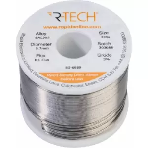 image of 856989 SAC305 Solder 3% M1 Flux 0.5-2% Halide 0.7mm 500g Reel - R-tech