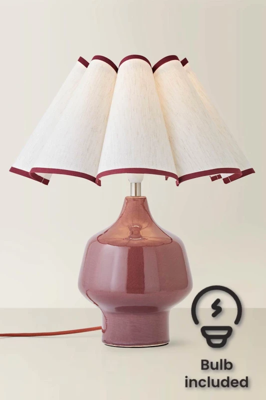 Image of ValueLights Jamie Glazed Ceramic Table Lamp with Scallop Trim Lamp Shade with Bulb in Burgundy Burgundy Unisex