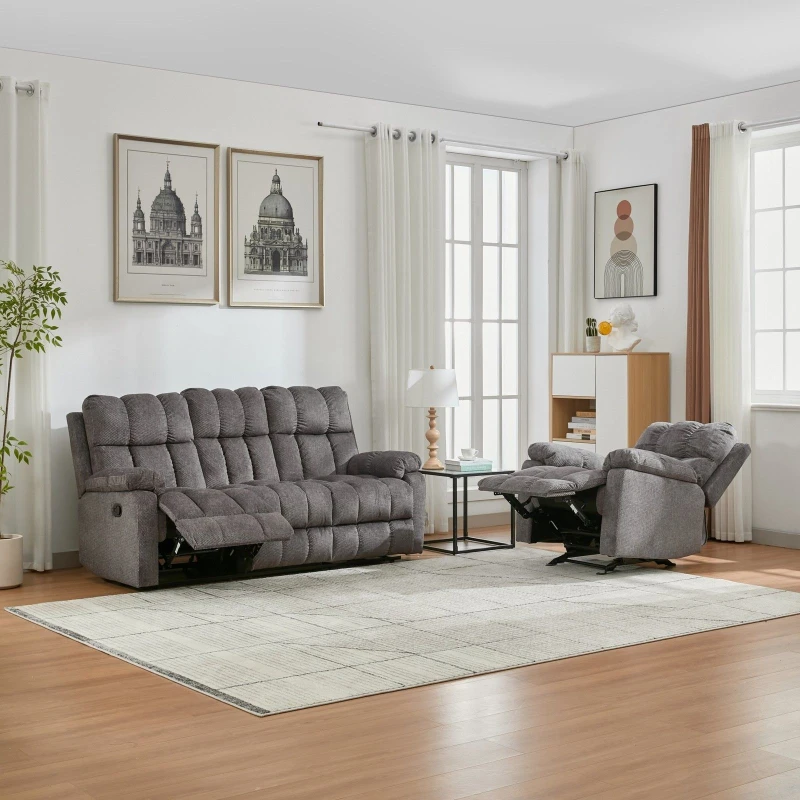 Image of FURNITURE ONE Manual Recliner Sofa Set, Fabric Upholstery Sofa Suite-1+3 Set in Grey Size: 1 Pack Grey Unisex 1 Pack
