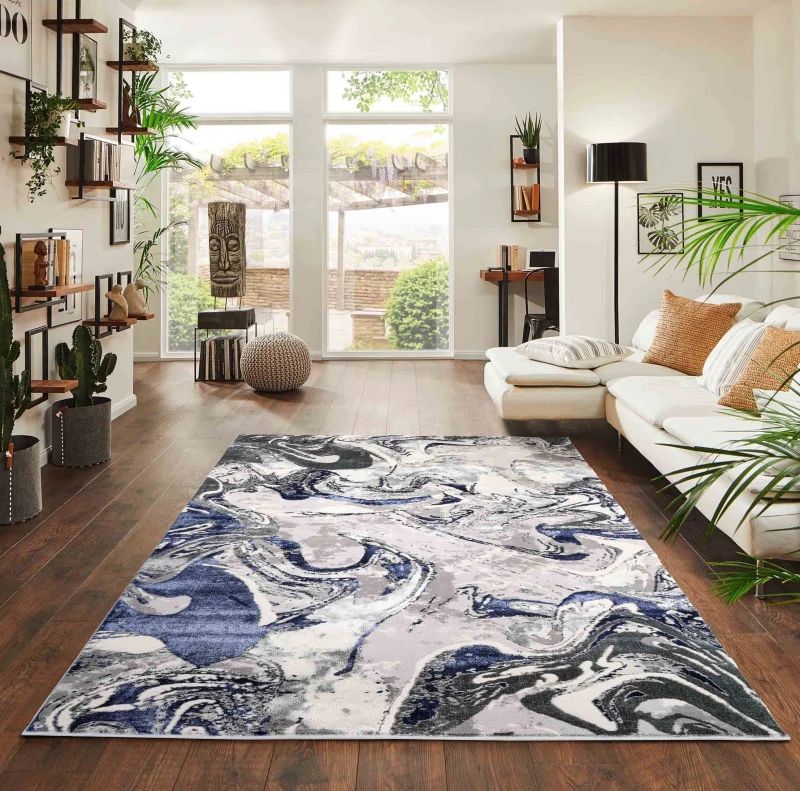 Image of Solarius Modern Living Room Rug - Abstract Area Rugs Navy 160X230 Cm