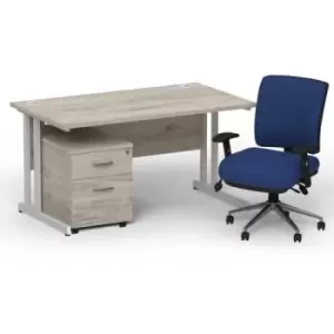 Image of Impulse 1400 x 800 Silver Cant Office Desk Grey Oak + 2 Dr Mobile Ped & Chiro Med Back Blue W/Arms
