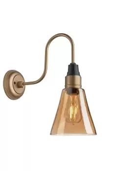 image of Swan Neck Tinted Glass Flask Wall Light, 6 Inch, Amber, Brass Holder