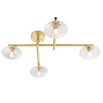 Image of Oristano Bathroom 4 Light Ceiling Semi Flush Satin Brass Plate & Clear Ribbed Glass IP44