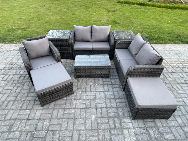 Image of Fimous High Back Rattan Garden Furniture Set with Loveseat Sofa Coffee Table 2 Big Footstool 2 Side Tables Indoor Outdoor Patio Lounge Sofa Set Dark G