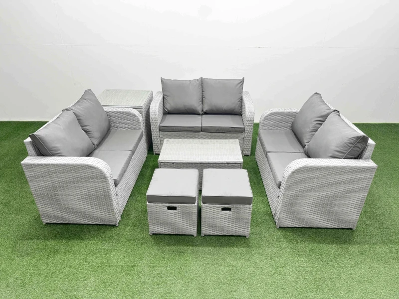 Image of Fimous 8 Seater PE Wicker Rattan Furniture Sofa Sets with Rectangular Coffee Table 2 Seater Love Sofa 2 Stool Side Table Light Grey Light Grey