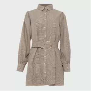 Missguided Petite Houndstooth Belted Shirt Dress - Brown