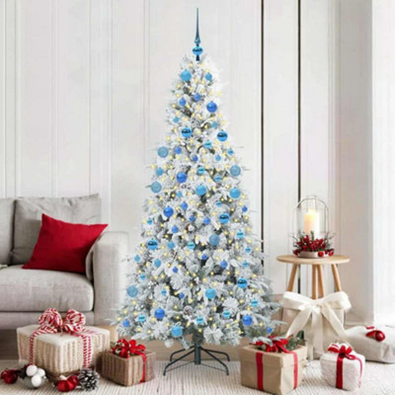 Image of vidaXL Artificial Hinged Christmas Tree with Blue Balls Snow Flocked Green 180cm PE and PVC, Green 3397491