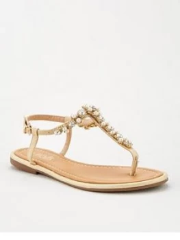 image of Wallis Pearl Trim T-Bar Flat Sandal - Gold, Size 5, Women