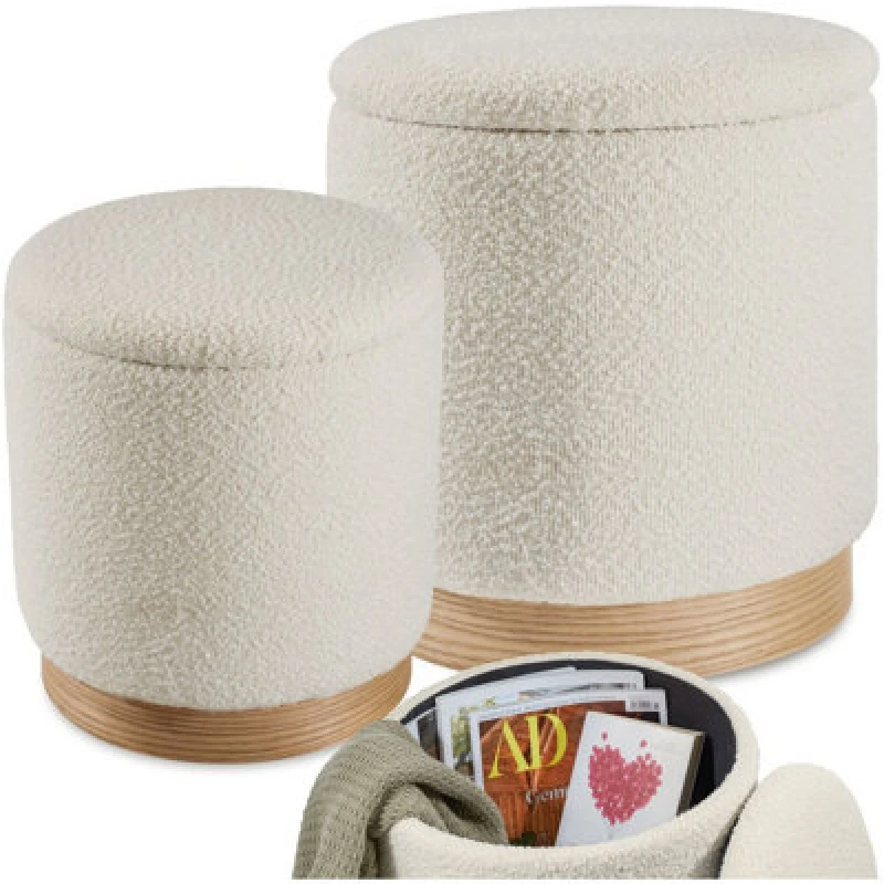 Image of Tectake Stools Orchid Set Of 2 - Padded, Boucle Cover Footstools, Large Storage Space - Cream, 1