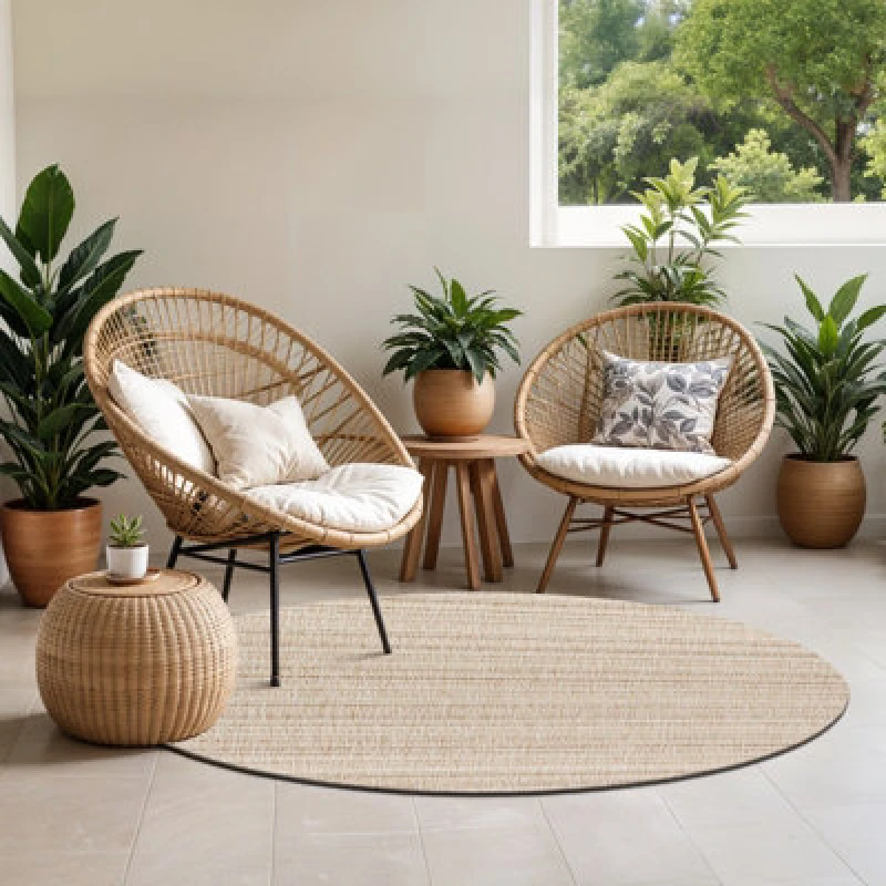 Image of Livabliss Round In- & Outdoor Global Brown Kavita Area Rug 160 X 160 Cm - Easy To Clean, Perfect For Patio, Balcony, Kitchen Or Dining Room