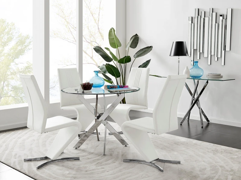 Image of FurnitureboxUK FurnitureboxUK Novara Round 100cm Chrome Metal And Glass Dining Table And 4 Willow Dining Chairs Set in White White One Size Unisex 505