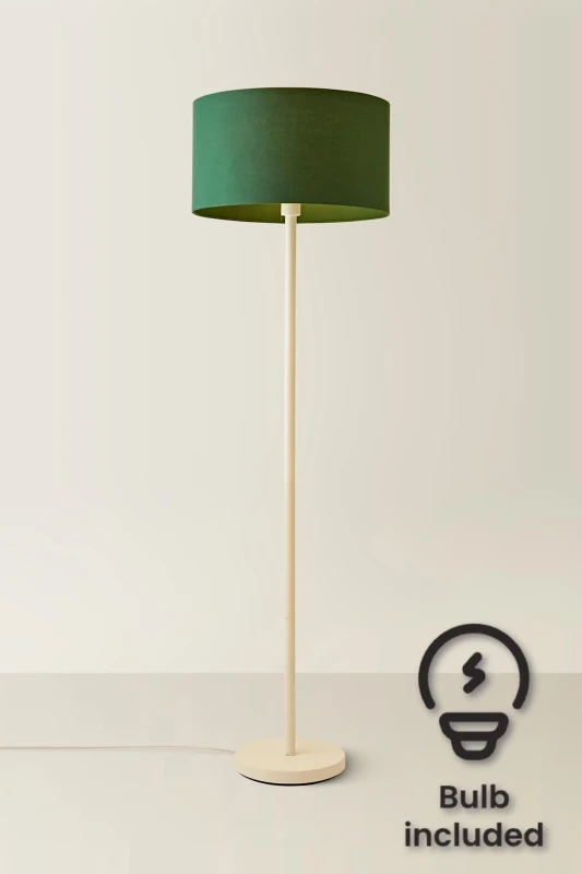 Image of ValueLights Charlie White Single Stem Floor Lamp with Fabric Drum Lamp Shade and LED Bulb Bottle Green