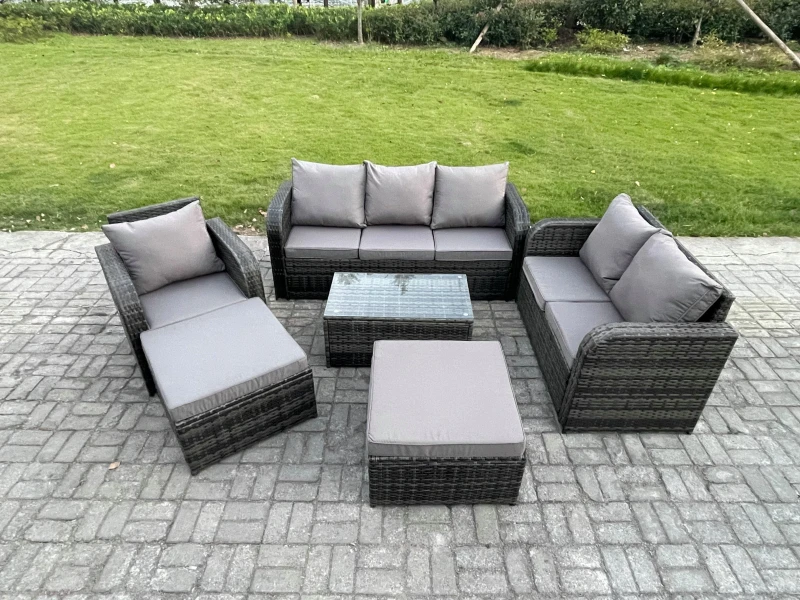 Image of Fimous 8 Seater Garden Furniture Set Rattan Outdoor Lounge Sofa Chair With Tempered Glass Table Footstool Dark Grey Mixed Dark Grey