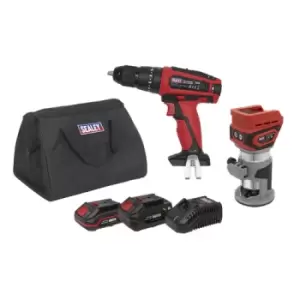 image of Sealey 2 x 20V SV20 Series Cordless Router & Combi Drill Kit - 2 Batteries