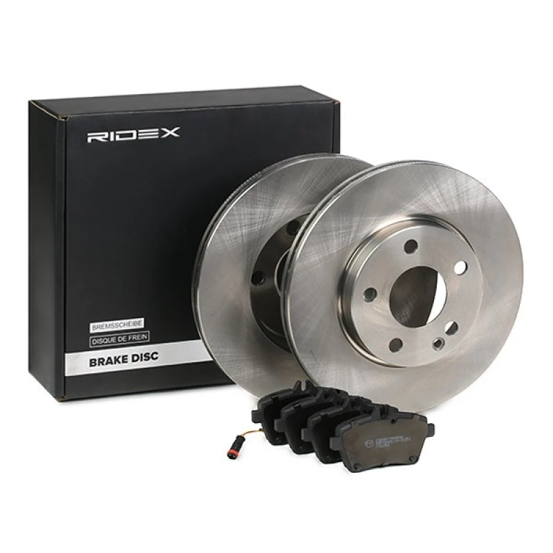 Image of RIDEX 3405B1638 Brake disc and pads set Front Axle, Brake Disc Type: Vented, incl. wear warning contact Brake Set,disc brakes (3405)