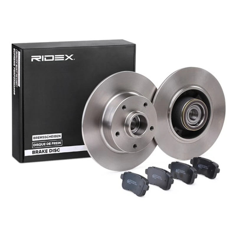 Image of RIDEX 3405B1188 Brake disc and pads set Rear Axle, Brake Disc Type: Solid, not prepared for wear warning indicator, with wheel bearing Brake Set,disc
