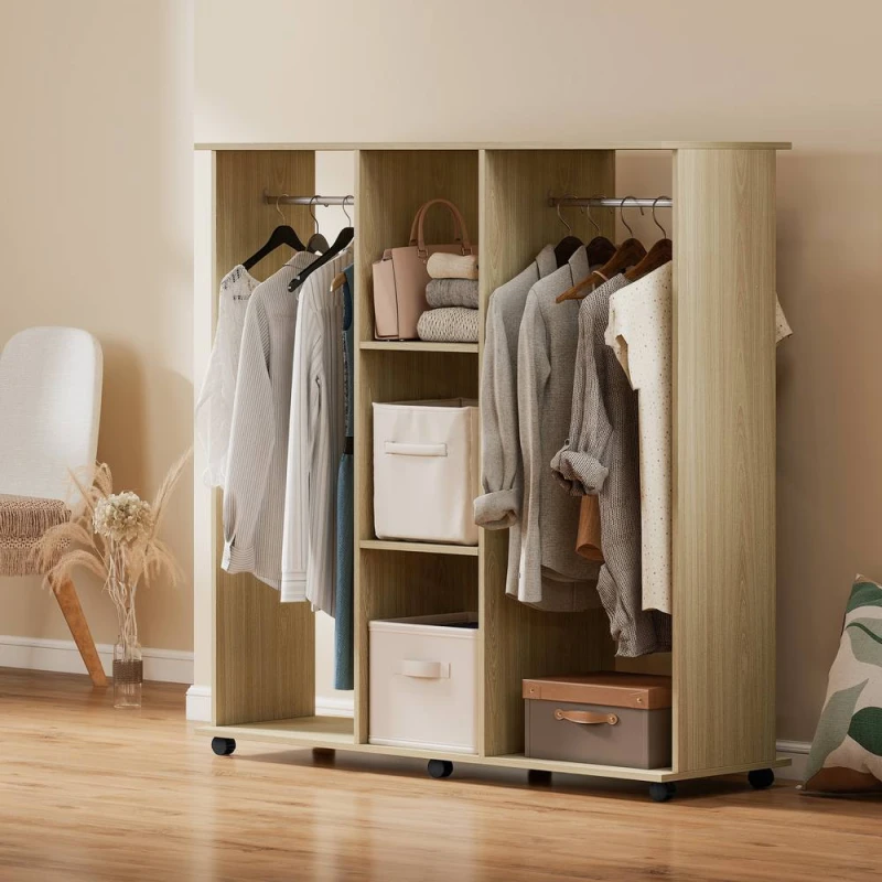 Image of HOMCOM Mobile Double Open Wardrobe w/ Clothes Hanging Rail Colthing Natural Natural Unisex
