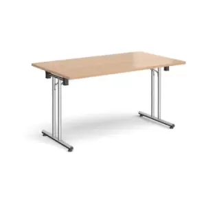Image of Rectangular folding leg table with chrome legs and straight foot rails 1400mm x 800mm - beech