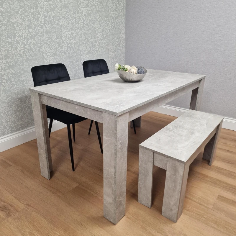 Image of KOSY KOALA Kosy Koala - Dining Table and 2 Chairs With Bench Stone Grey Effect Wood Table 2 Black Velvet Chairs Dining Room Stone grey 140 + 2 Black r