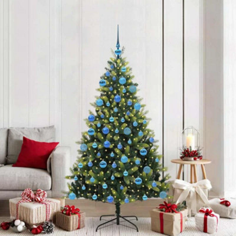 Image of vidaXL Artificial Hinged Christmas Tree 300 LEDs, Blue Balls Green 180 cm, Green 3395998