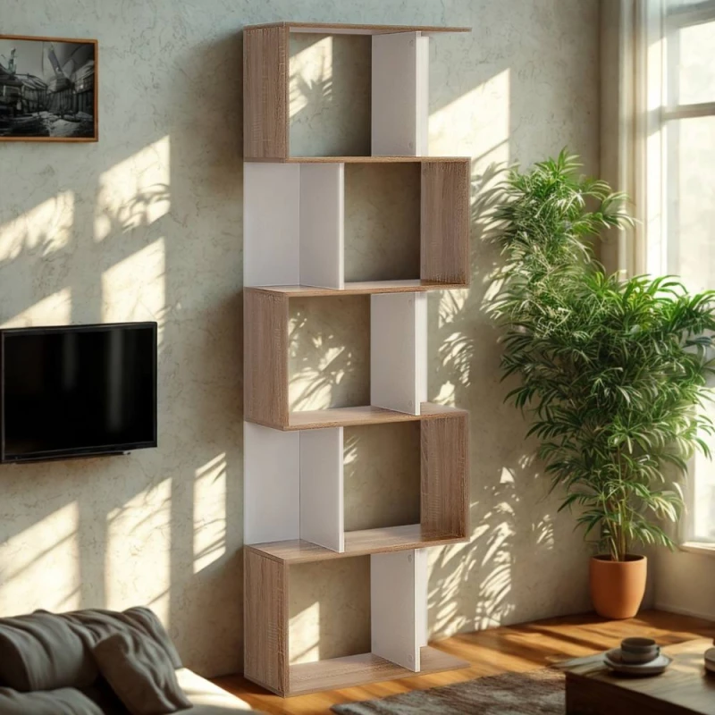 Image of Pirlo Plush 5 Tier Industrial Freestanding Bookcase Shelving Unit Natural in Brown Brown Unisex