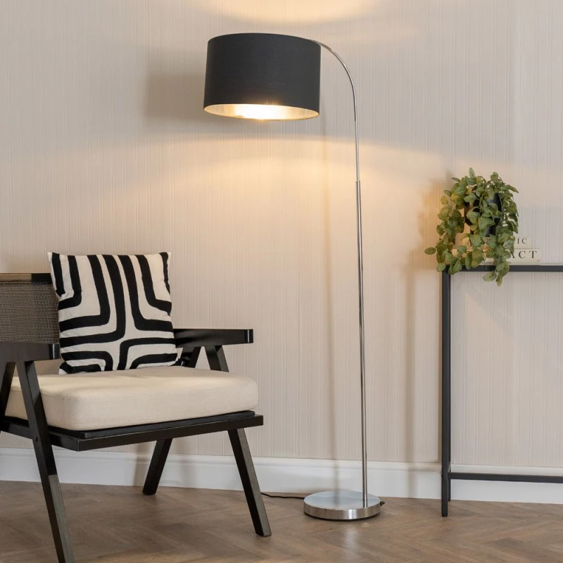 Image of ValueLights ValueLights Curva Chrome Arched Floor Lamp with Metallic Chrome Inner Drum Lamp Shade in Black One Size Unisex 5059406061264