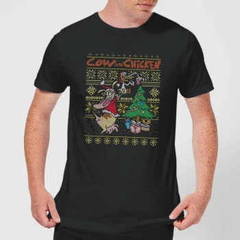Image of Cow and Chicken Cow And Chicken Pattern Mens Christmas T-Shirt - Black - 3XL - Black