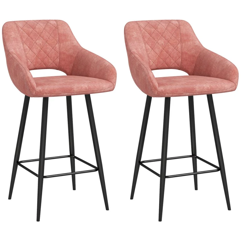Image of HOMCOM Stools Set of 2, Velvet-Touch Fabric Counter Height Bar Chairs Pink
