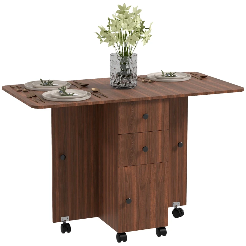 Image of HOMCOM Folding Dining Table Rolling Kitchen Table With Storage Drawers Brown