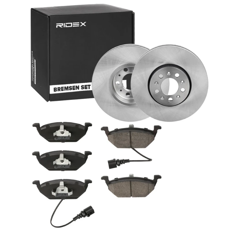 Image of RIDEX 3405B0825 Brake disc and pads set Front Axle, Brake Disc Type: Vented, incl. wear warning contact Brake Set,disc brakes (3405)