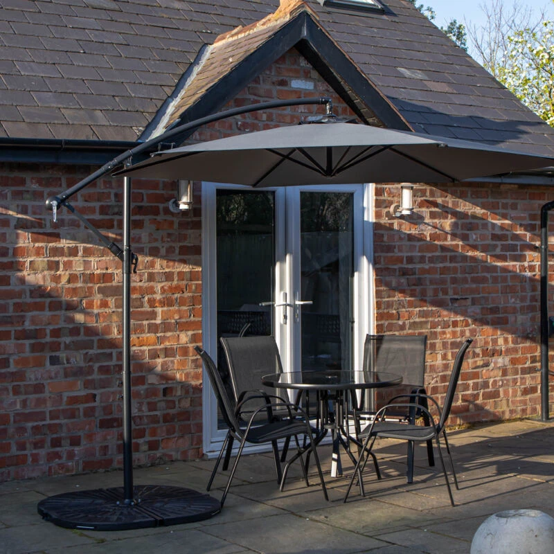 Image of Outdoor 4 Person Round Glass Top Garden Dining Table Chairs With Grey Banana Parasol and Base