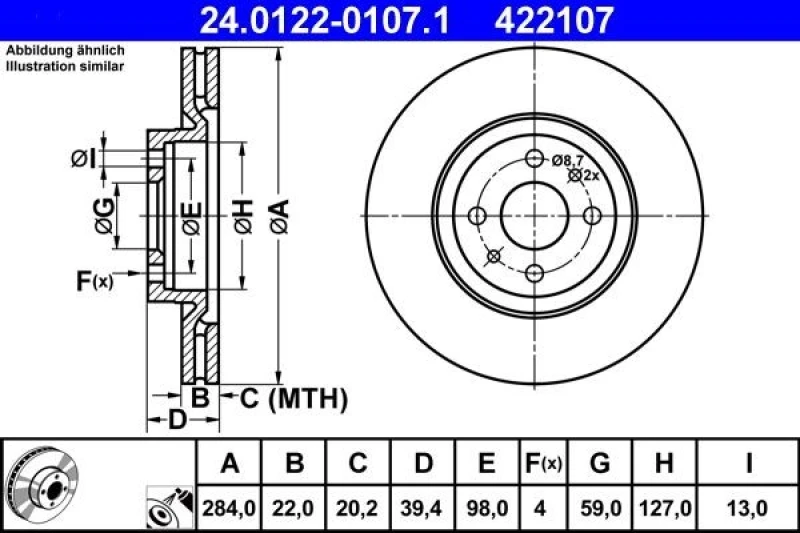 Image of ATE 24.0122-0107.1 Brake disc Vented, Coated Brake Disc (82)