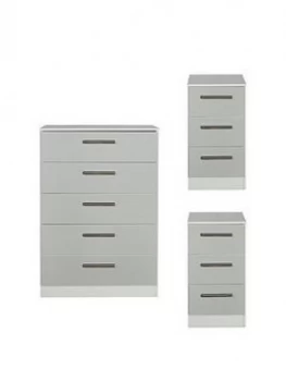 Image of Swift Montreal Gloss 3 Piece Ready Assembled Package - 5 Drawer Chest And 2 Bedside Chests