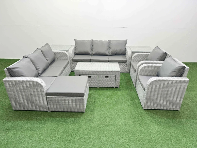 Image of Fimous PE Rattan High Back Lounge Sofa Set Patio Oblong Coffee Table & Chairs Set with 3 Seater Sofa Reclining Chair 3 Stools 2 Side Table Light Grey