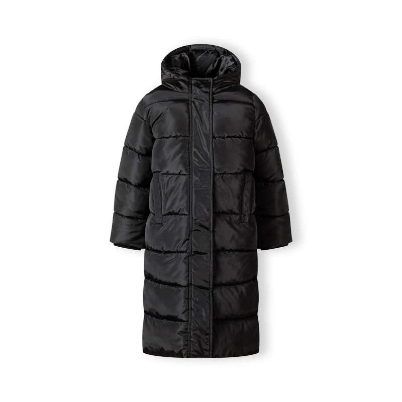Image of Minoti Girls long winter quilted coat with hood and side slits Black female 2-3 Yrs