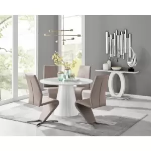 Image of Furniturebox Palma White High Gloss 4 Seat Minimalist Post Modern Round Dining Table & 4 Cappuccino Willow Faux Leather Chairs