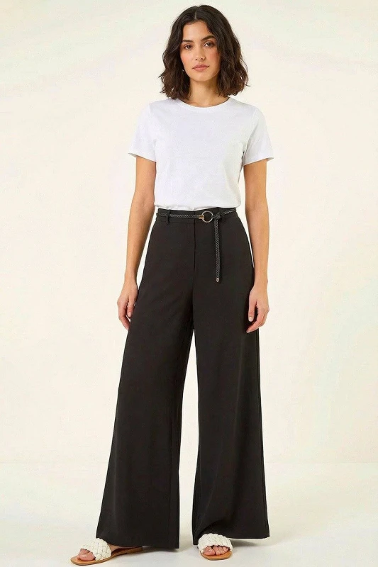 Image of Roman Womens Wide Leg Belt Tie Trouser in Black Size: 16 Black Female 16