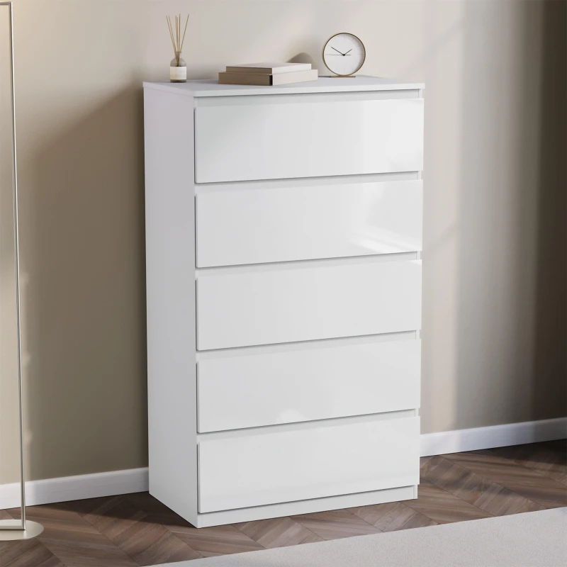 Image of Lassic Glinton High Gloss 5 Drawer Chest White unisex 5 Drawer