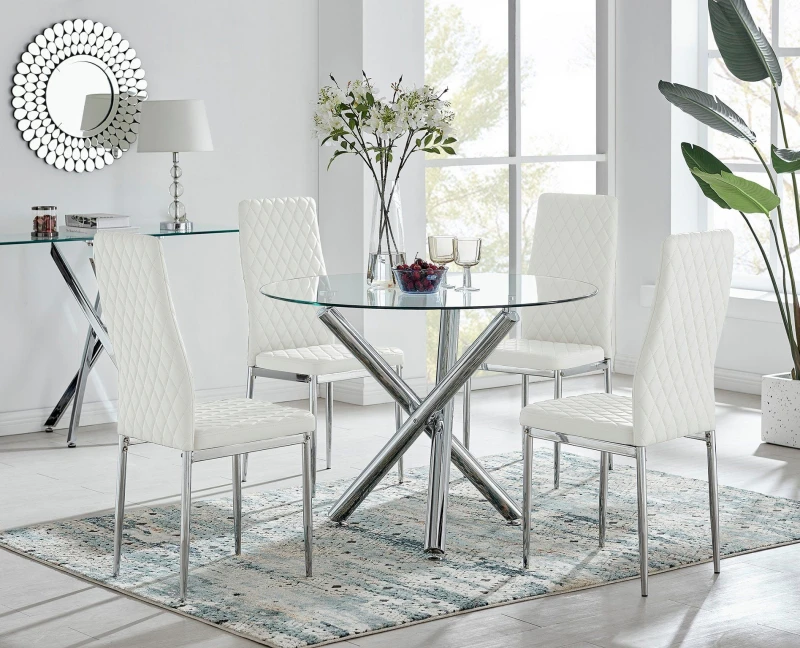 Image of FurnitureboxUK FurnitureboxUK Selina Chrome Round Glass Dining Table and 4 Milan Dining Chairs in Off White Size: 4 Person Off White 4 Person Unisex