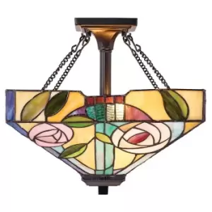 Image of Interiors 1900 Lighting - 2 Light Medium Semi Flush Ceiling Light Bronze, Tiffany Glass, E27