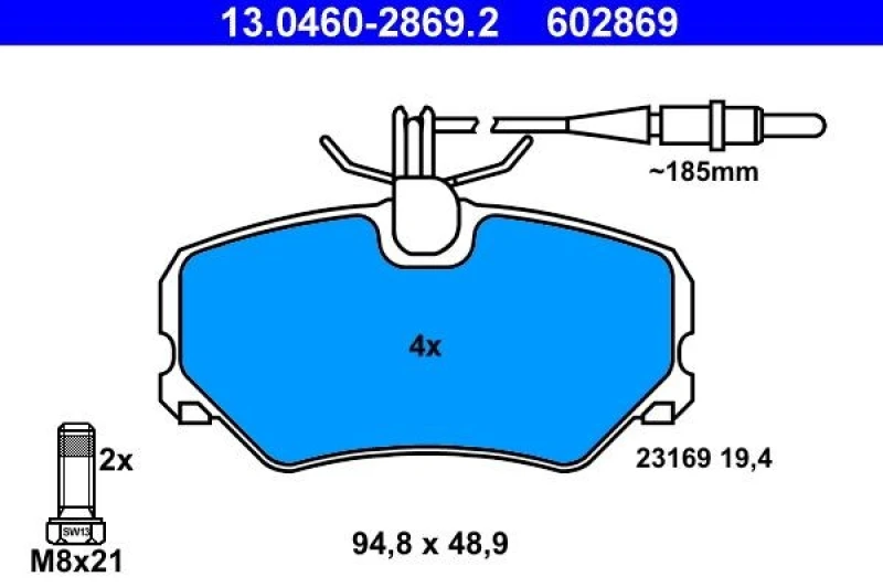 Image of ATE 13.0460-2869.2 Brake pad set incl. wear warning contact, with brake caliper screws Brake Pad Set,disc brake (402)
