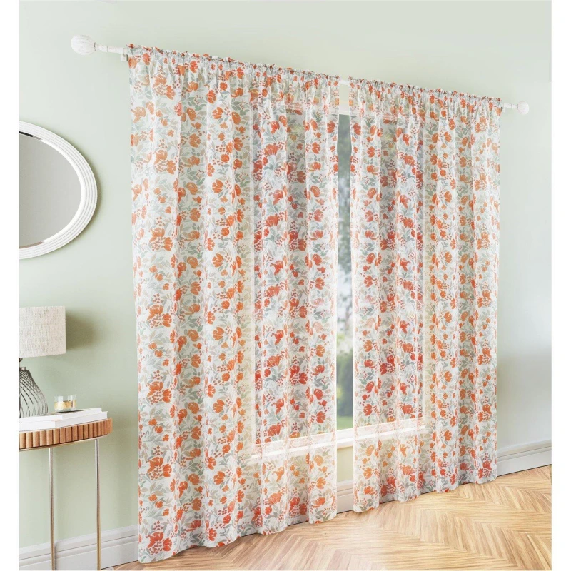 Image of Tyrone Textiles Mia Floral Print Sheer Voile Panels - Pair Curtain Voiles / Nets / Lining 140x229cm Orange 70520612004