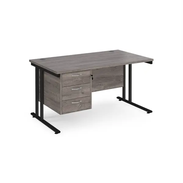 image of Maestro 25 Grey Oak Straight Desk with 3 Drawer Pedestal and Black Cantilever Leg Frame - 1400mm x 800mm