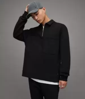 Image of AllSaints Mens Jaxon Half Zip Polo Sweatshirt, Washed Black, Size: XL