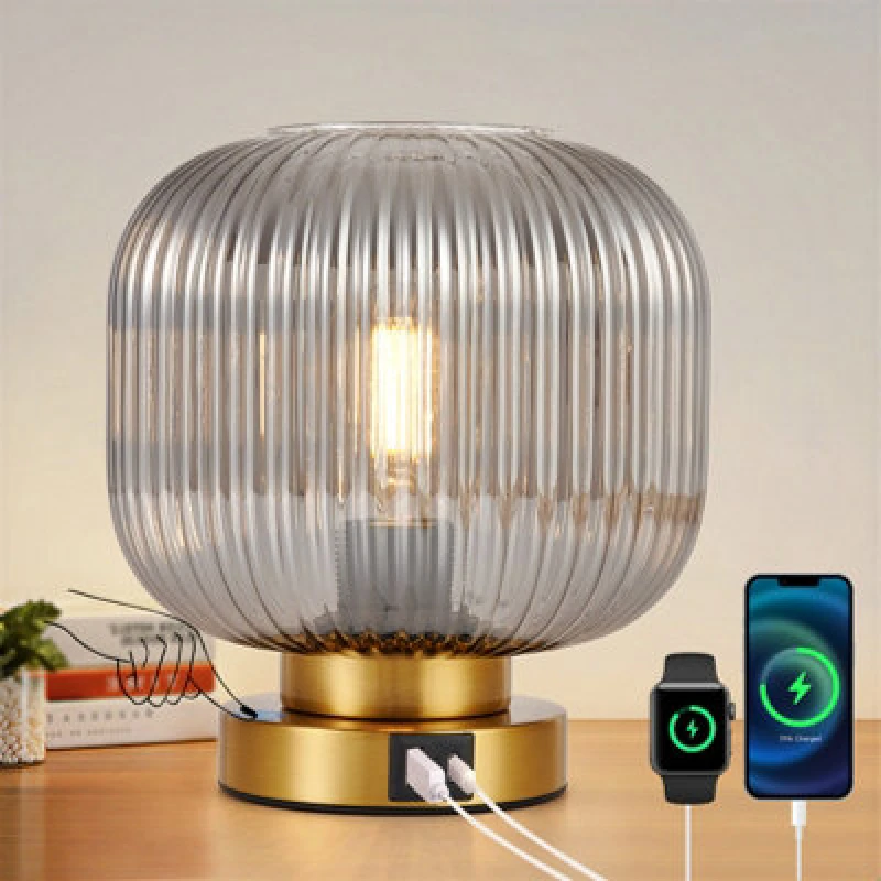 Image of Harper Living Table Lamp With Usb-C & Usb-A Charging Ports, Touch Control Dimmable E27 Desk Lamp, Smoked Glass Shade