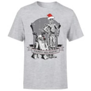Image of Star Wars Christmas Happy Holidays Droids Grey T-Shirt - L
